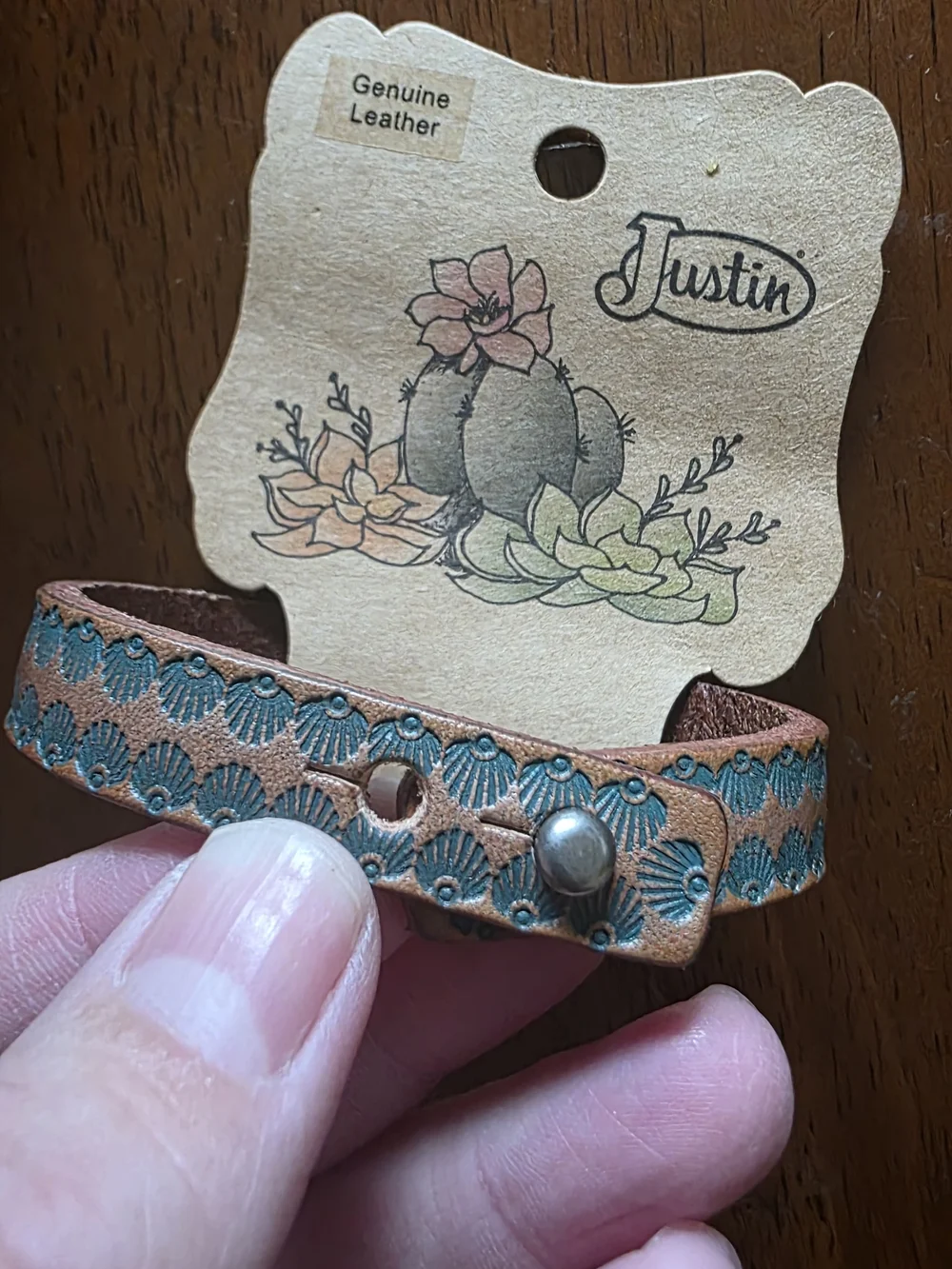 Justin Boots Teal and Brown Tooled Leather Wristband